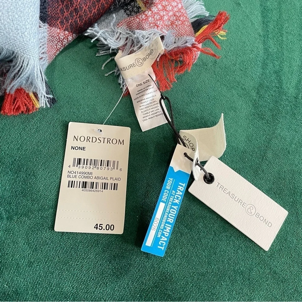 Nordstrom Treasure & Bond Blue Combo Abigail Plaid Oversize Blanket Wrap NWT OS